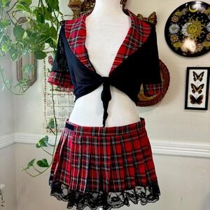 Dreams Lingerie School Girl Micro Lace Pleated Plaid Skirt Sheer‎ Mesh Top OS